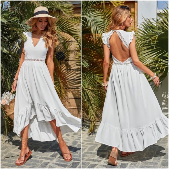 Bellanblue Dresses & Skirts - Boho White Backless V neck Ruffle High Low Dress